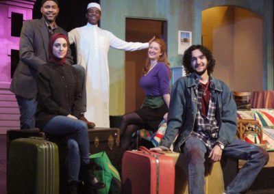 The Cast of 'Pilgrims Musa & Sheri in the New World.' Back Row: Ithamar Francois, Ian Eaton, Laura King-Otazo. Front Row: Aline Salloum, Ahmad Maher.